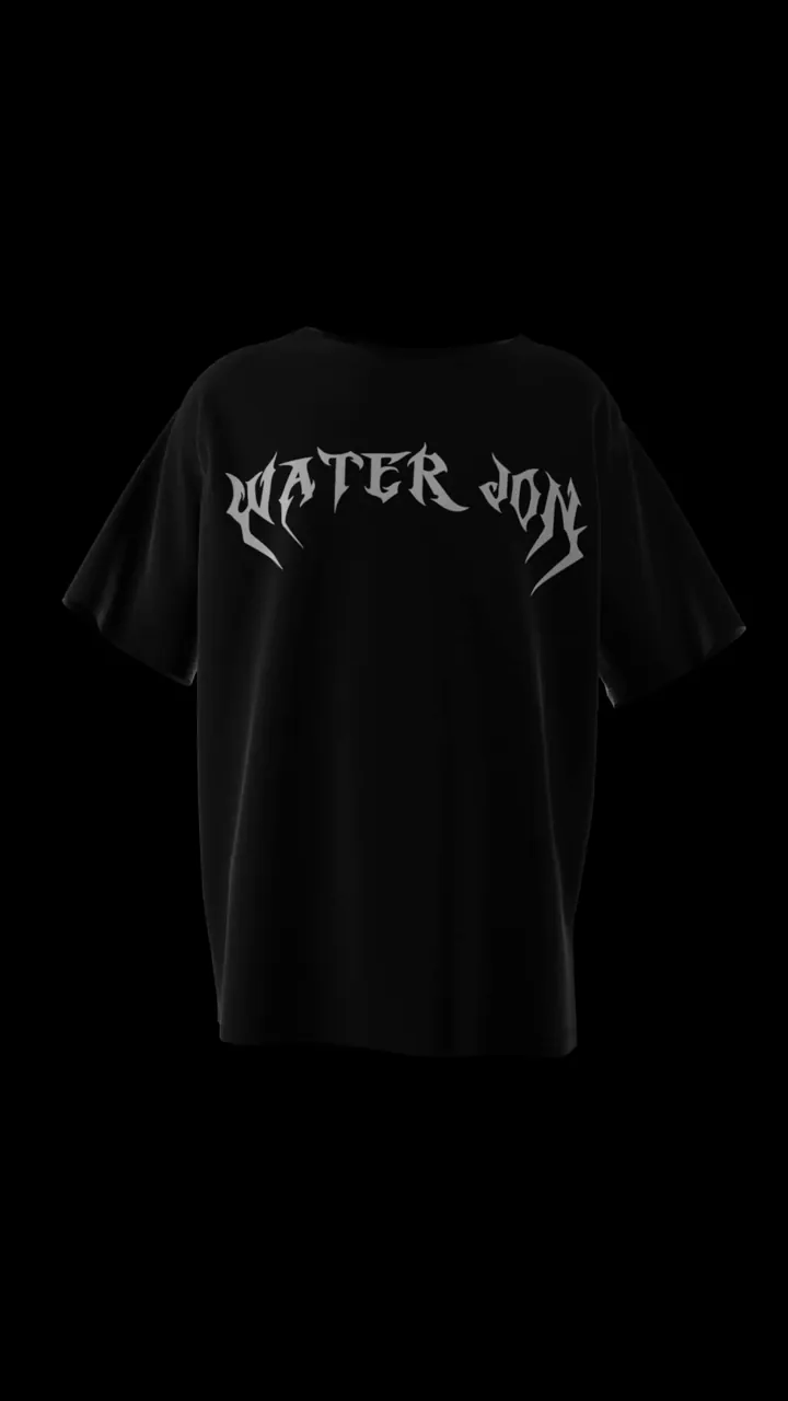 The Poseidon tee: black, with the chrome WATER JON mark